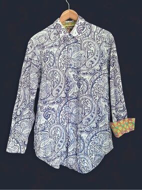 Robert Graham Blue Paisley Signature Shirt Flip Cuff Embroidered Detail size M